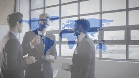 Team sipping coffee by window while map fading in initiating rotating globe showing global business. Corporate, collaboration, innovation, networking, technology, modern, finance - Powered by Shutterstock - Get 15% off with code: PIKWIZARD15