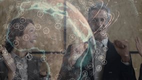 Rotating globe revealing network icons inspiring business professionals clapping celebrating win. Diplomacy, collaboration, innovation, success, teamwork, corporate, leadership - Powered by Shutterstock - Get 15% off with code: PIKWIZARD15