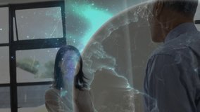 business partners clasping hands and launching globe rotating around hands, signifying partnership. Collaboration, networking, diplomacy, futuristic, connectivity, professionalism, alliance - Powered by Shutterstock - Get 15% off with code: PIKWIZARD15