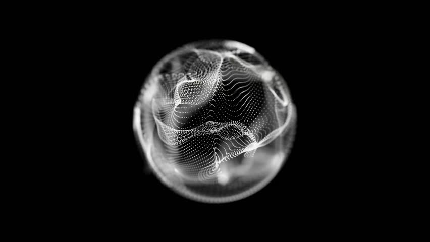A glowing sphere composed of numerous dots floats against a stark black backdrop, creating a sense of depth and dimension.