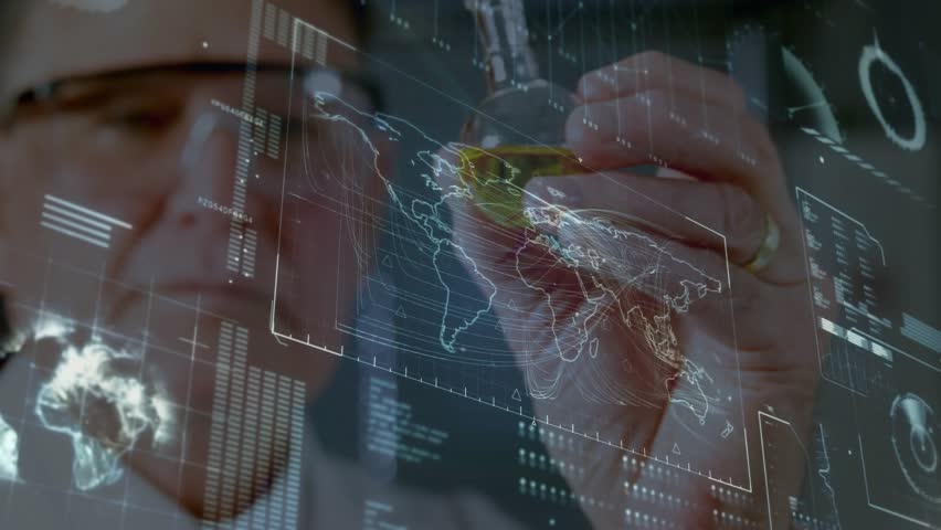 Senior scientist raising stylus, tracing North America on hologram in tech lab highlighting data. Technology, innovation, data visualization, futurism, knowledge, research, digital interfaces - Powered by Shutterstock - Get 15% off with code: PIKWIZARD15