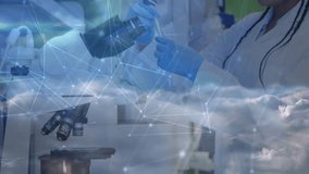 Lab scientist adjusting microscope focus, engaging overlay and pipetting sample into test tube. Research, innovation, precision, technology, analysis, biochemistry, researchertools - Powered by Shutterstock - Get 15% off with code: PIKWIZARD15