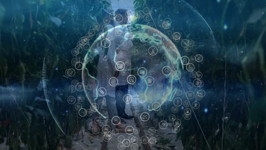 Woman scientist tapping data icon in greenhouse, rotating holographic globe analyzing farm data. Technology, innovation, digital, sustainability, research, biology, environment - Powered by Shutterstock - Get 15% off with code: PIKWIZARD15