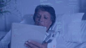 Adult patient lying on hospital bed bringing tablet closer reviewing animated health data visuals. Futuristic, technology, healthcare, visualization, digital, innovation, medical - Powered by Shutterstock - Get 15% off with code: PIKWIZARD15