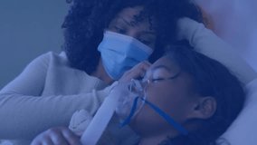 Woman placing mask on child, starting nebulizer therapy with overlays as dad adjusting strap. Healthcare, family, monitoring, pediatric, medical, technology, wellness - Powered by Shutterstock - Get 15% off with code: PIKWIZARD15