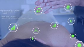 Therapist rubbing oil and gliding strokes on client back, animating icons tracking wellness metrics. Wellness, therapy, relaxation, healthcare, digital, futuristic, reform - Powered by Shutterstock - Get 15% off with code: PIKWIZARD15