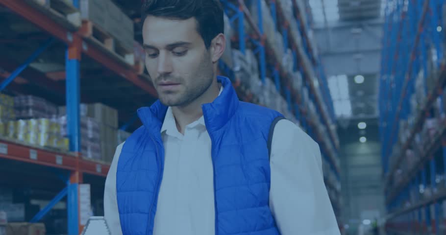 Warehouse worker glancing at shelf, scanning and viewing AR face profiles, noting IDs for tracking. Industrial, technology, futuristic, inventory, logistics, automation, efficiency