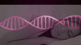 Woman lying on bed amid glow pink DNA helix emerging aligning across torso for medical animation. Sleep, relaxation, healthcare, wellness, digital, futuristic, illustration - Powered by Shutterstock - Get 15% off with code: PIKWIZARD15