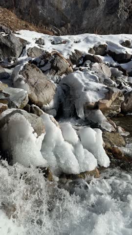 Clear mountain stream water flowing over frozen rocks covered with snow and ice during winter