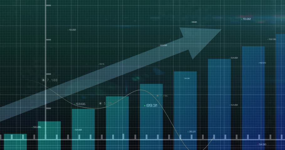 Grid opening teal bars neon green line undulating with arrow overlay labels updating trend. Data visualization, analytics, technology, data dashboard, performance, chart, digital interface