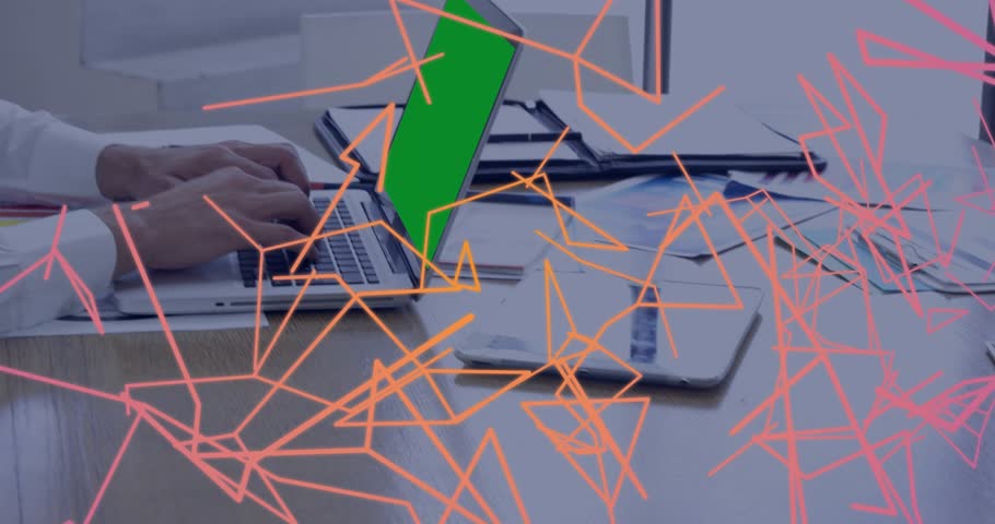 IT pro starting typing on green screen laptop in office displaying network map showing data flow. Technology, digital, connectivity, innovation, workspace, modern, data