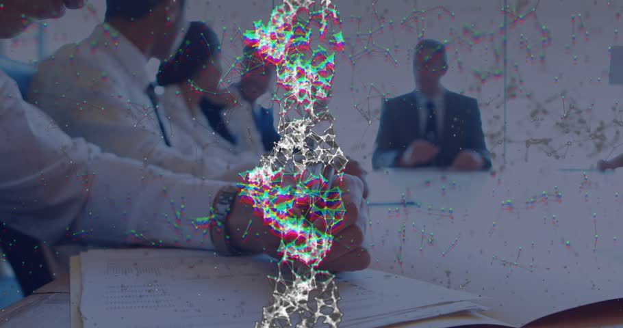 Presenter starting business discussion, coworkers writing in notebook while digital glitch pulsing. Professional, teamwork, digital, innovation, collaboration, modern, corporate