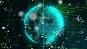Turquoise dot globe materializing in dark code field, rotating revealing nodes and clustering data. Technology, futuristic, digital, innovation, data visualization, cyberspace, cyber network - Powered by Shutterstock - Get 15% off with code: PIKWIZARD15