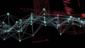 Faint red text appearing triggers turquoise spheres linked by lines pulsing right showing code flow. Digital network, data visualization, abstract technology, futuristic design, cyber environment, - Powered by Shutterstock - Get 15% off with code: PIKWIZARD15