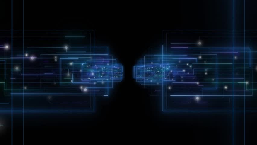 Parallel blue data lines pulsing inward fading into spinning HUD reticle monitoring user icons. Technology, cyber, interface, network, digital, futuristic, analytics