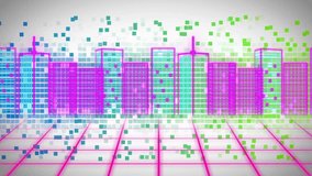 Pixel fragments rising from neon grid behind skyline, forming clouds dispersing to loop. Futuristic, cyberpunk, vibrant, abstract, digital, geometric, animated - Powered by Shutterstock - Get 15% off with code: PIKWIZARD15