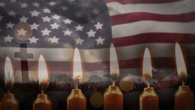 On opening seven candles flickering US flag stripes rippling over cross drifting bokeh in tribute. Memorial, solemnity, tribute, remembrance, patriotism, symbolism, contemplative - Powered by Shutterstock - Get 15% off with code: PIKWIZARD15