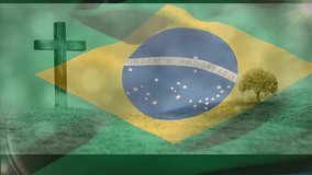 Human hand grabbing Brazilian flag and guiding rippling waves revealing cross tree silhouettes. Nation, patriotism, landscape, symbolism, serenity, outdoor, unity - Powered by Shutterstock - Get 15% off with code: PIKWIZARD15