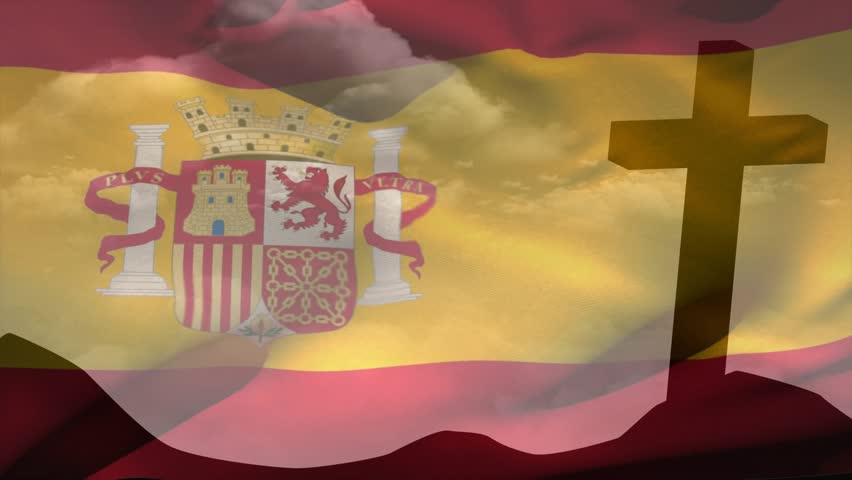 Gentle breeze causing Spanish flag waving and rippling, revealing coat of arms beside hilltop cross. Patriotism, nationalidentity, outdoor, landscape, serenity, symbolism, heritage