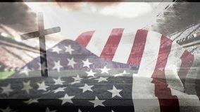 Gentle breezes animating American flag, revealing stadium seating as sun rays gliding across cross. Patriotism, outdoor, orchestral, event, landscape, symbolism, resilience - Powered by Shutterstock - Get 15% off with code: PIKWIZARD15