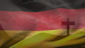 Flag appearing flat then receiving breeze, rippling into waves and highlighting cross silhouette. Patriotism, abstraction, motion, fabric, symbolism, digital art, texture - Powered by Shutterstock - Get 15% off with code: PIKWIZARD15