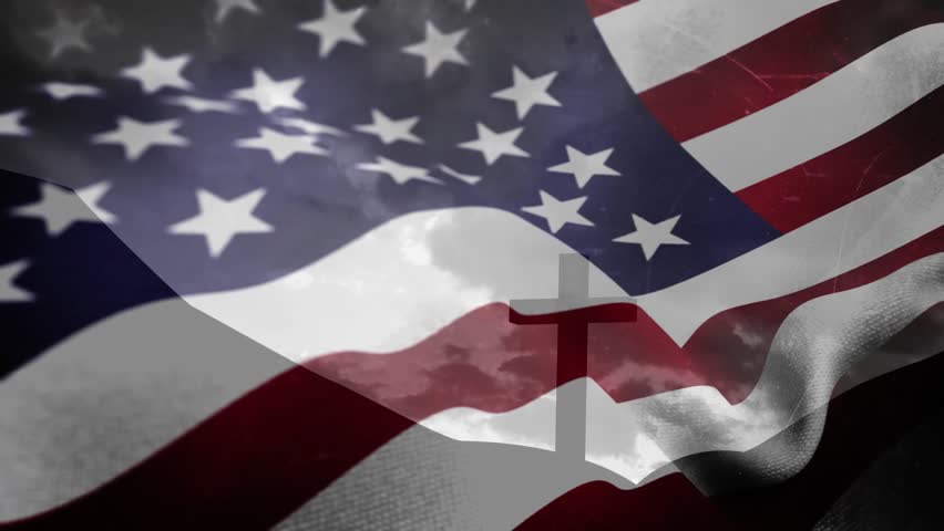 Starting breeze initiating American flag waving over clouds, revealing and hiding cross silhouette. Patriotic, symbolism, layered, dynamic, spirituality, heritage, serenity