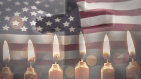 Gentle breeze starting flag waving and nine candles flickering with bokeh lights in memorial scene. Commemoration, tribute, patriotism, serenity, solemnity, reflection, ambiance - Powered by Shutterstock - Get 15% off with code: PIKWIZARD15