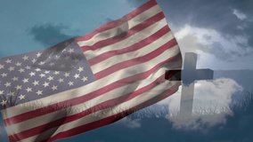 Gentle breeze starting American flag rippling and grass swaying while sunbeams moving behind cross. Patriotism, outdoor, landscape, symbolism, tranquility, nature, serenity - Powered by Shutterstock - Get 15% off with code: PIKWIZARD15