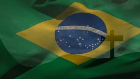 Brazilian flag with cross silhouette rippling and shifting stars in continuous loop as breeze flows. Patriotic, emblematic, vibrant, symbolic, motion, textile, cultural - Powered by Shutterstock - Get 15% off with code: PIKWIZARD15