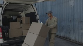 Upon opening van doors driver unloading boxes for stacking in depot with network nodes expanding. Logistics, supply chain, industrial, connectivity, automation, efficiency, urban - Powered by Shutterstock - Get 15% off with code: PIKWIZARD15