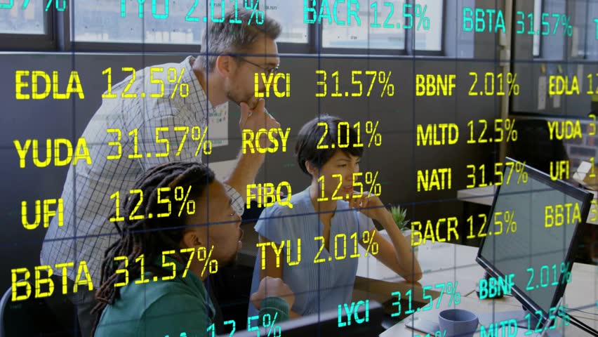 Mentor pointing at shifting business data overlays and guiding colleagues through adjusting chart. Collaboration, teamwork, analytics, innovation, modernity, digital, business - Powered by Shutterstock - Get 15% off with code: PIKWIZARD15