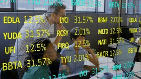 Mentor pointing at shifting business data overlays and guiding colleagues through adjusting chart. Collaboration, teamwork, analytics, innovation, modernity, digital, business - Powered by Shutterstock - Get 15% off with code: PIKWIZARD15