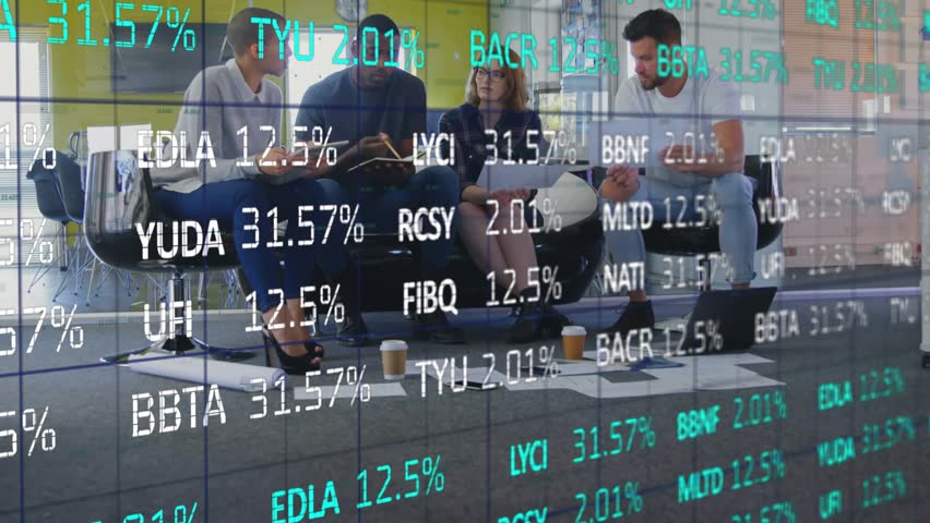 Colleagues tapping tablet and updating animated stock overlay while reviewing finance data together. Team, collaboration, analysis, modern, workspace, technology, business - Powered by Shutterstock - Get 15% off with code: PIKWIZARD15