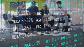 Colleagues tapping tablet and updating animated stock overlay while reviewing finance data together. Team, collaboration, analysis, modern, workspace, technology, business - Powered by Shutterstock - Get 15% off with code: PIKWIZARD15