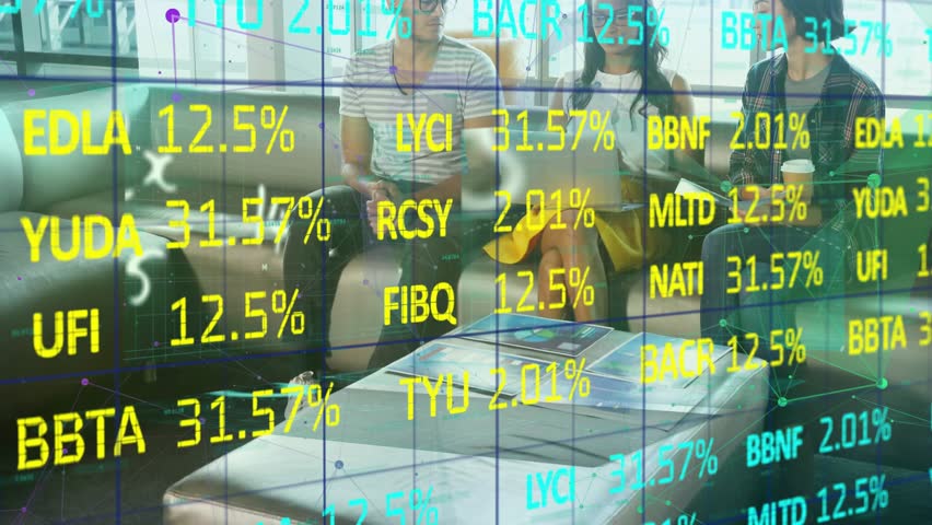 Data overlay appearing triggers colleagues tapping screens pointing reviewing finance metrics. Business casual, teamwork, collaboration, modern office, data analysis, digital technology, vibrant style - Powered by Shutterstock - Get 15% off with code: PIKWIZARD15