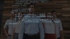 Opening showing five developers under pendants demonstrating code scrolling over wood-panel wall. Technology, teamwork, innovation, modern, collaboration, work environment, professional - Powered by Shutterstock - Get 15% off with code: PIKWIZARD15