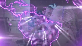 Rotating globe overlay revealing four girls collaborating on computers for classroom learning. Technology, education, teamwork, digital, innovation, youth, learning - Powered by Shutterstock - Get 15% off with code: PIKWIZARD15