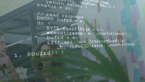 Programming code overlay appearing guiding office team studying sticky notes for tech planning. Collaboration, brainstorming, innovation, digital, teamwork, modern, creative - Powered by Shutterstock - Get 15% off with code: PIKWIZARD15