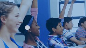 Schoolchildren raising hands in classroom activating network overlay linking classmates. Collaboration, education, connectivity, teamwork, digital, learning, innovative - Powered by Shutterstock - Get 15% off with code: PIKWIZARD15