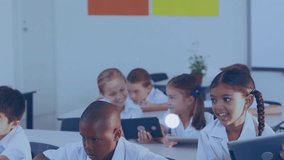 Teacher leaning over student guiding tablet use while education network nodes linking around class. Education, technology, collaboration, digital, classroom, connectivity, learning - Powered by Shutterstock - Get 15% off with code: PIKWIZARD15