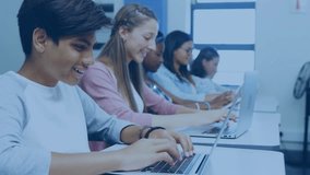 Students typing laptops starting network expansion across class in tech lab with nodes linking data. Collaboration, technology, digital, networking, education, innovation, teamwork - Powered by Shutterstock - Get 15% off with code: PIKWIZARD15