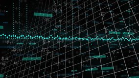 Grid opening cyan data flowing yellow bar forming bars rising, equations overlaying for analytics. Futuristic, digital, technology, analytics, visualization, data, abstract - Powered by Shutterstock - Get 15% off with code: PIKWIZARD15