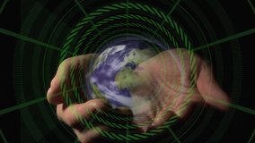 Pair of hands entering frame cradling rotating Earth while HUD panels updating data in virtual scan. Futuristic, immersive, digital, technology, interface, innovation, analytics - Powered by Shutterstock - Get 15% off with code: PIKWIZARD15