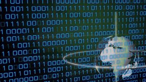 On start 3D globe rotating and drifting down over binary overlay showing digital network. Technology, cyberspace, innovation, virtual, connectivity, data, future - Powered by Shutterstock - Get 15% off with code: PIKWIZARD15