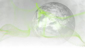 Green waveform brightening and sweeping upward around rotating globe, visualizing global data flow. Futuristic, technology, data visualization, abstract, innovation, digital, motion - Powered by Shutterstock - Get 15% off with code: PIKWIZARD15