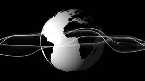 Monochrome globe emerging, rotating eastward, dotted waves undulating and showing data flow. Global, digital, futuristic, data, technology, animation, network - Powered by Shutterstock - Get 15% off with code: PIKWIZARD15