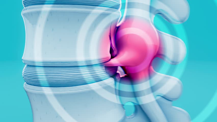 Conceptual 3D animation of a herniated disk in the lumbar spine