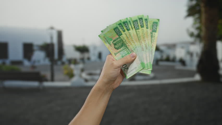 Man holding russian rubles on a city street displaying a fan of banknotes outdoors, highlighting financial transactions in an urban setting.