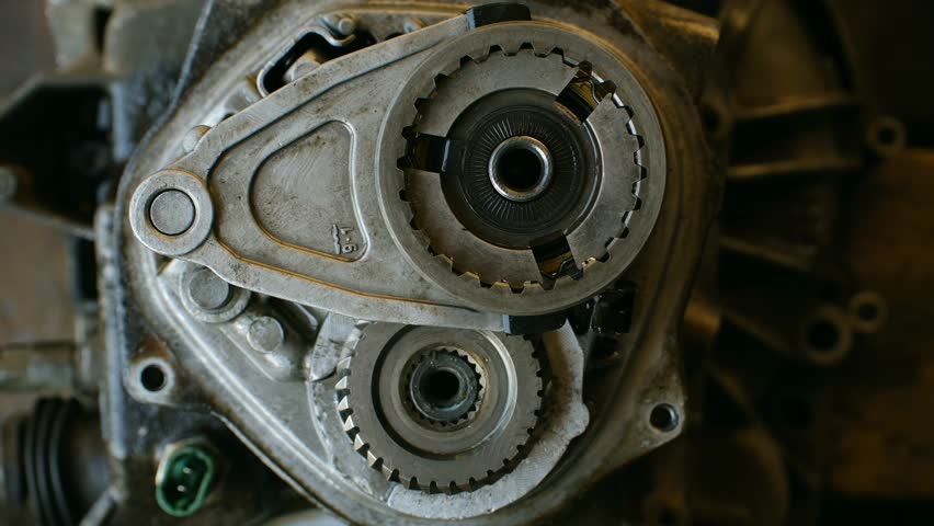 Professional car mechanic in gloves disassembling vehicle manual transmission, expertly removing gear fork and other internal components during detailed repair service in garage. Disassembling gearbox