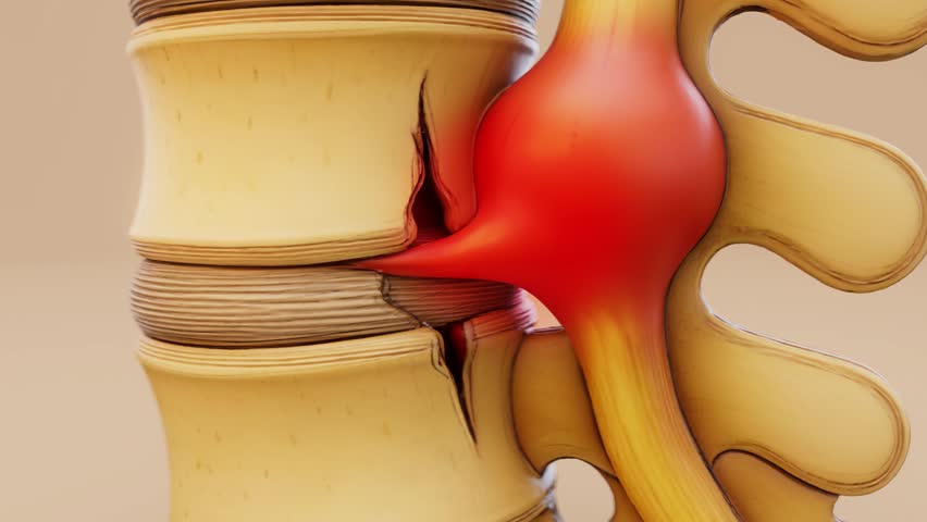 Conceptual 3D animation of a herniated disk in the lumbar spine